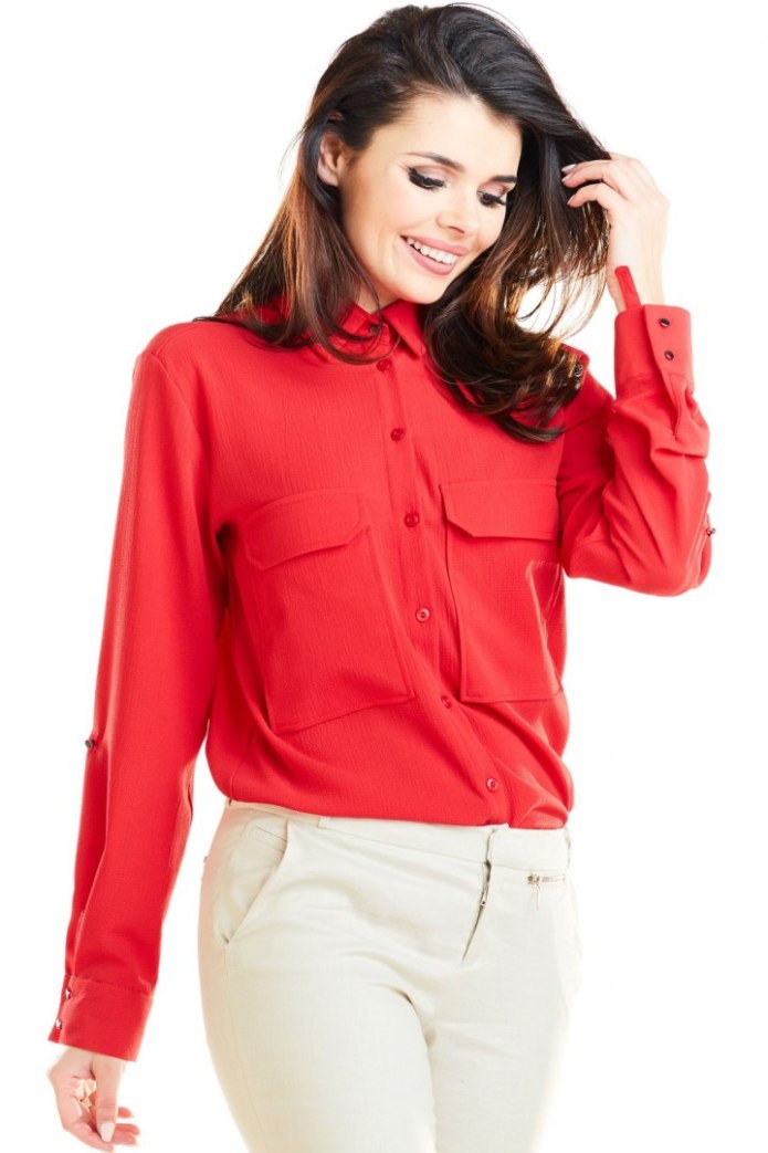 Koszula Damska Klasyczna Z Kieszeniami Na Biuście - czerwona
